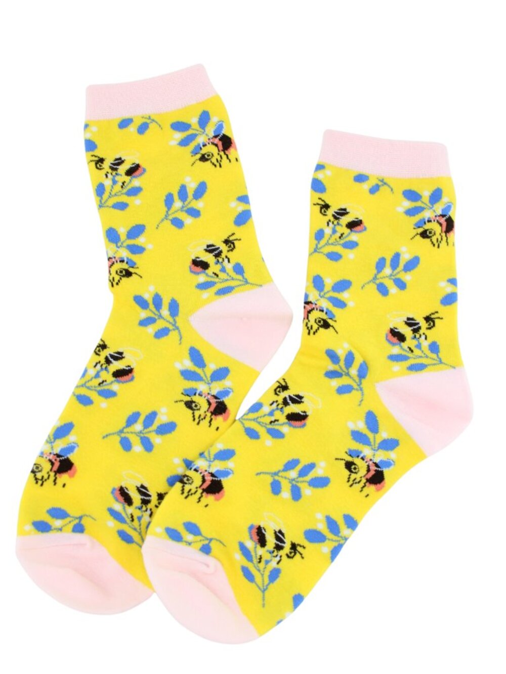 Women's Yellow Pink & Blue Floral Bee Knit Crew Socks